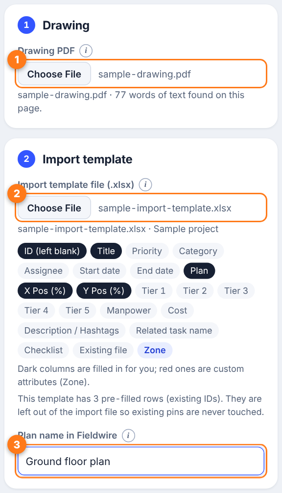 The Drawing and Import template cards. Numbers mark the drawing file box, the template file box and the plan name box.