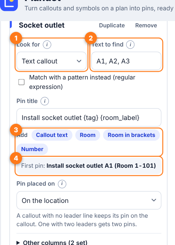 A rule card. Numbers mark the Look for list, the Text to find box, the title buttons and the example line.