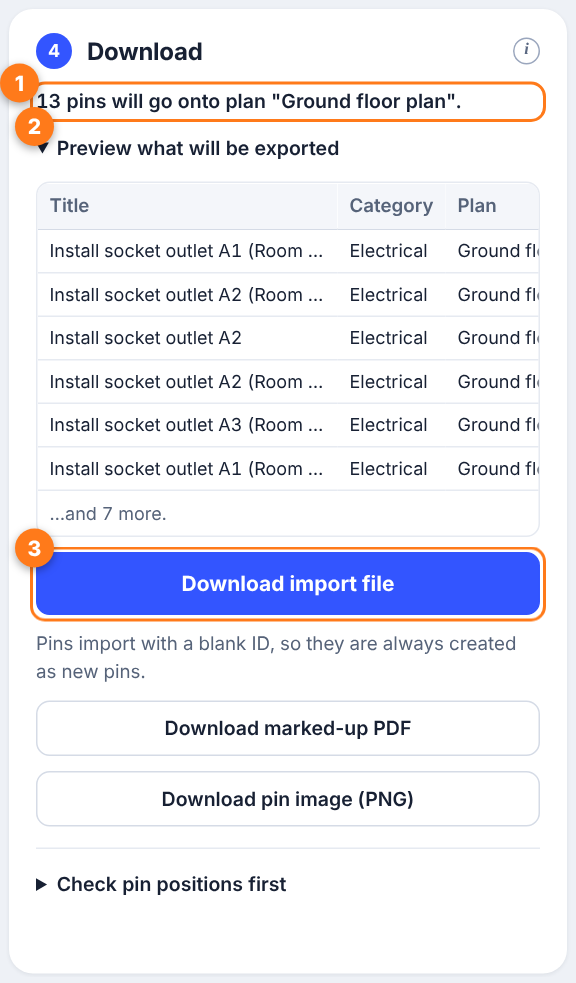 The Download card. Numbers mark the summary line, the preview and the Download import file button.