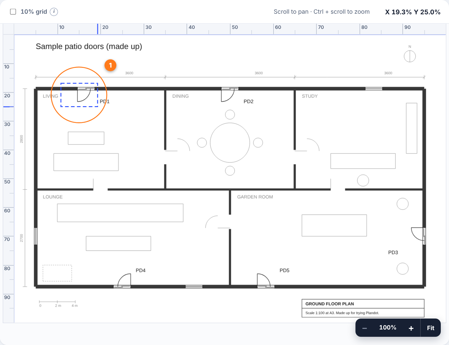A floor plan with rooms, walls and furniture, and a dashed blue box being dragged around the first patio door. Number one marks the box.