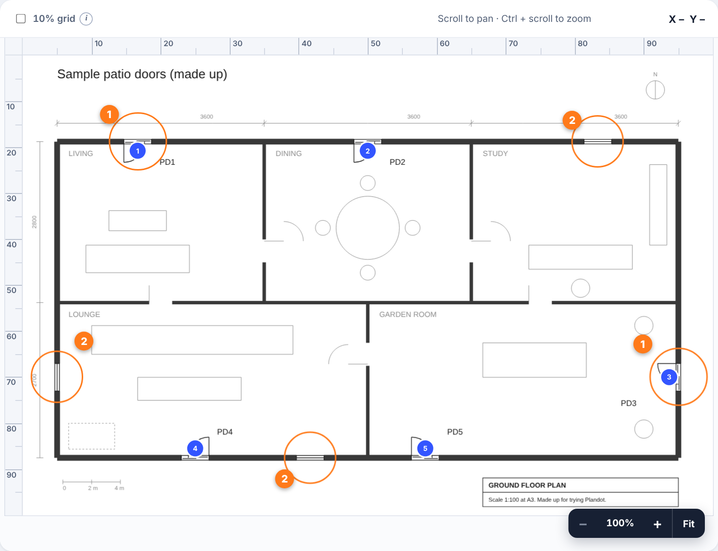 The same floor plan with a blue pin on each of the five patio doors. Number one marks two of the doors. Number two marks the three look-alike windows, which have no pins.